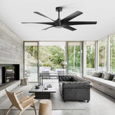 65" Ceiling Fan Without Light,Energy-Efficient DC Motor, 6 Speeds with Forward/Reverse, Remote Control with Timer, Matte Black, 6 ABS Blades,Includes 7" & 12" Downrods